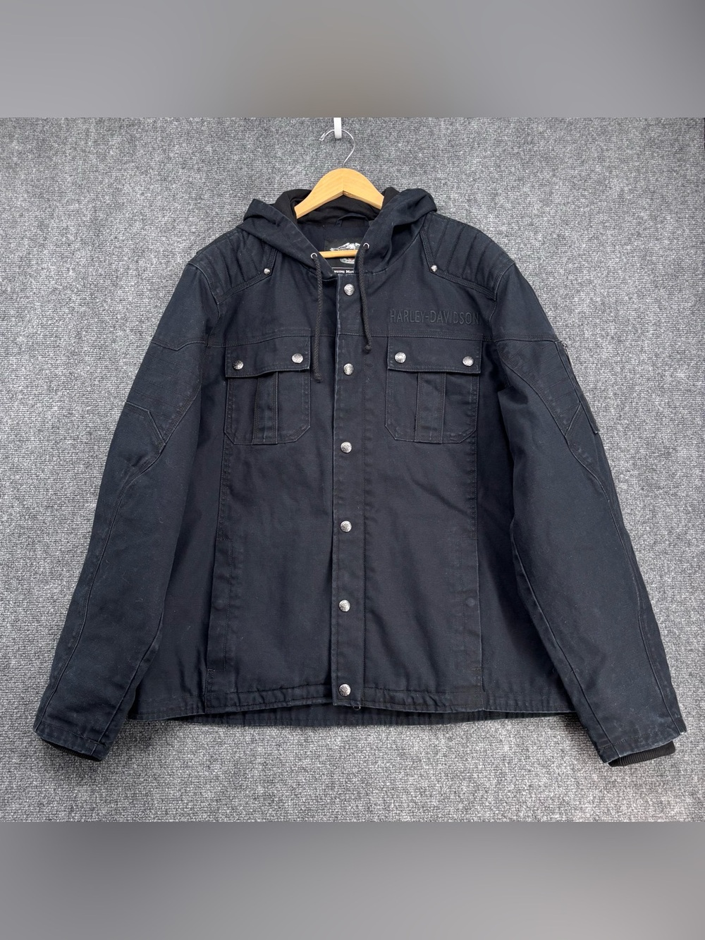 Harley Davidson Black Grind Hooded Workwear Jacket Men’s 2XL Bikercore Rugged